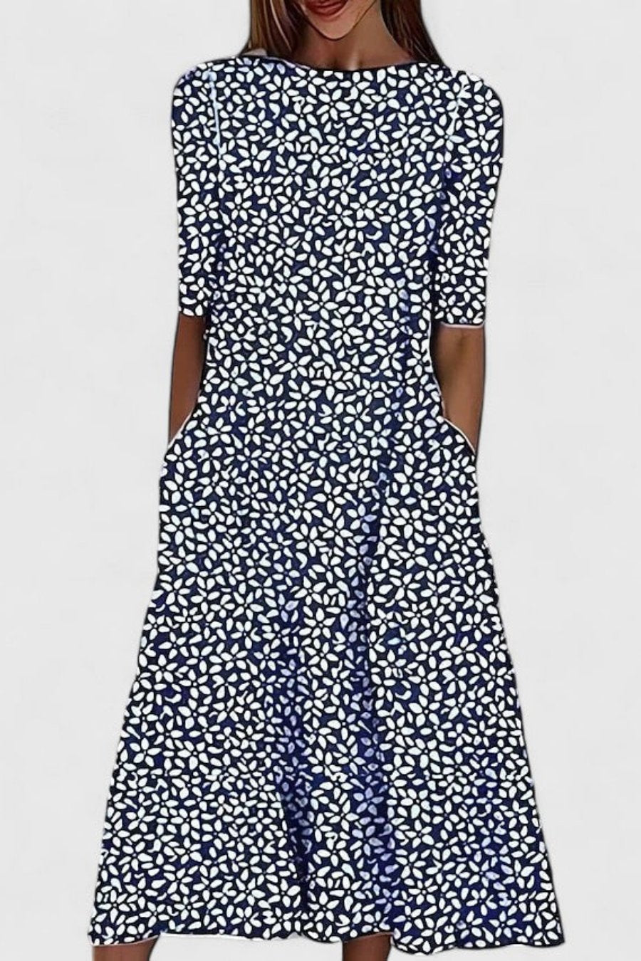 Amelie Women’s Midi Dress with Floral Pattern and Round Neck Design 2