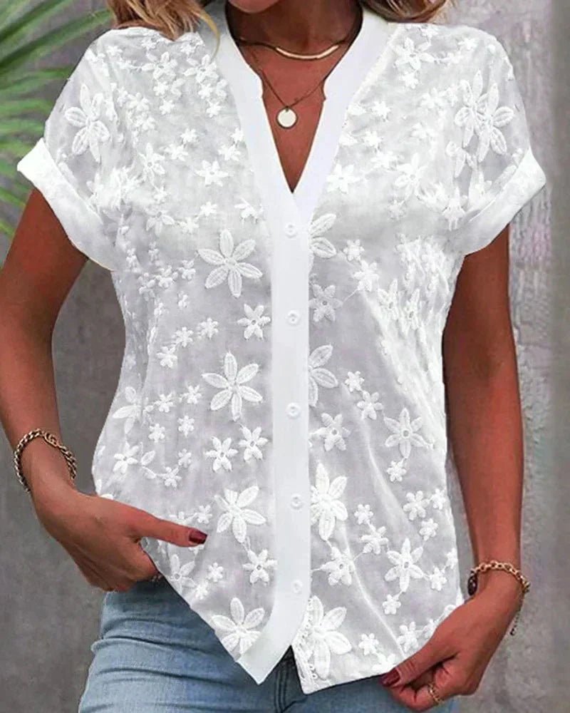 Ava Women’s Blouse with Floral Embroidery and V-Neck Button Design 0