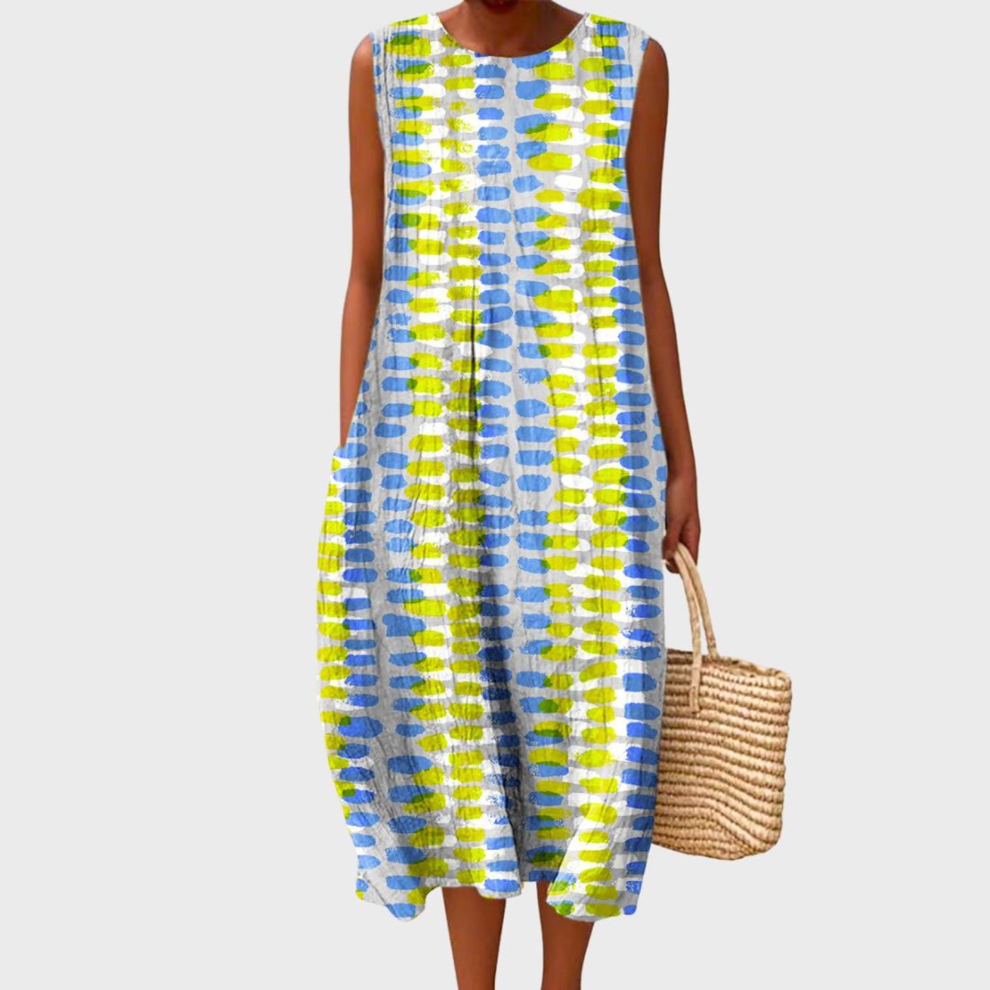 Clara Women’s Midi Dress with Sleeveless Design and Relaxed Tiered Silhouette in Blue and Yellow Check Pattern 4