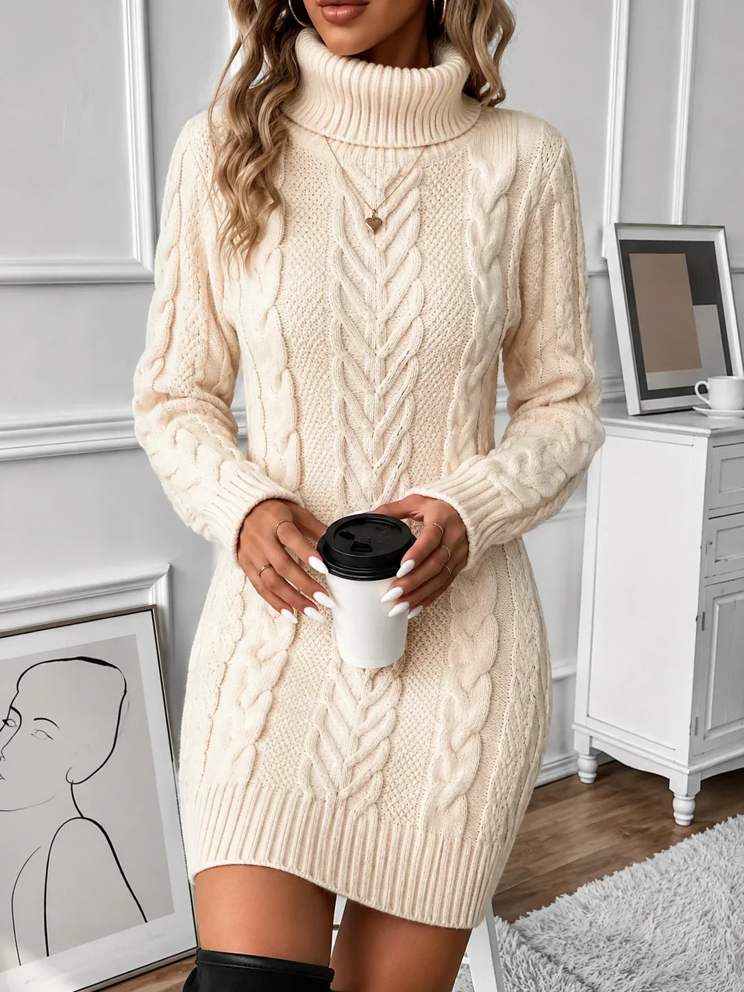 Cora Women’s Sweater Dress featuring a stylish cable knit texture and cozy turtleneck design, perfect for fall and winter fashion. 7