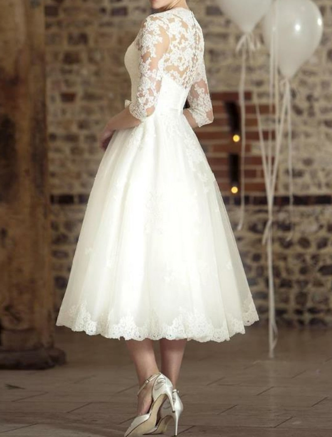 Doris Women’s Vintage Lace Wedding Dress with Midi Length and V-Neck Design 1