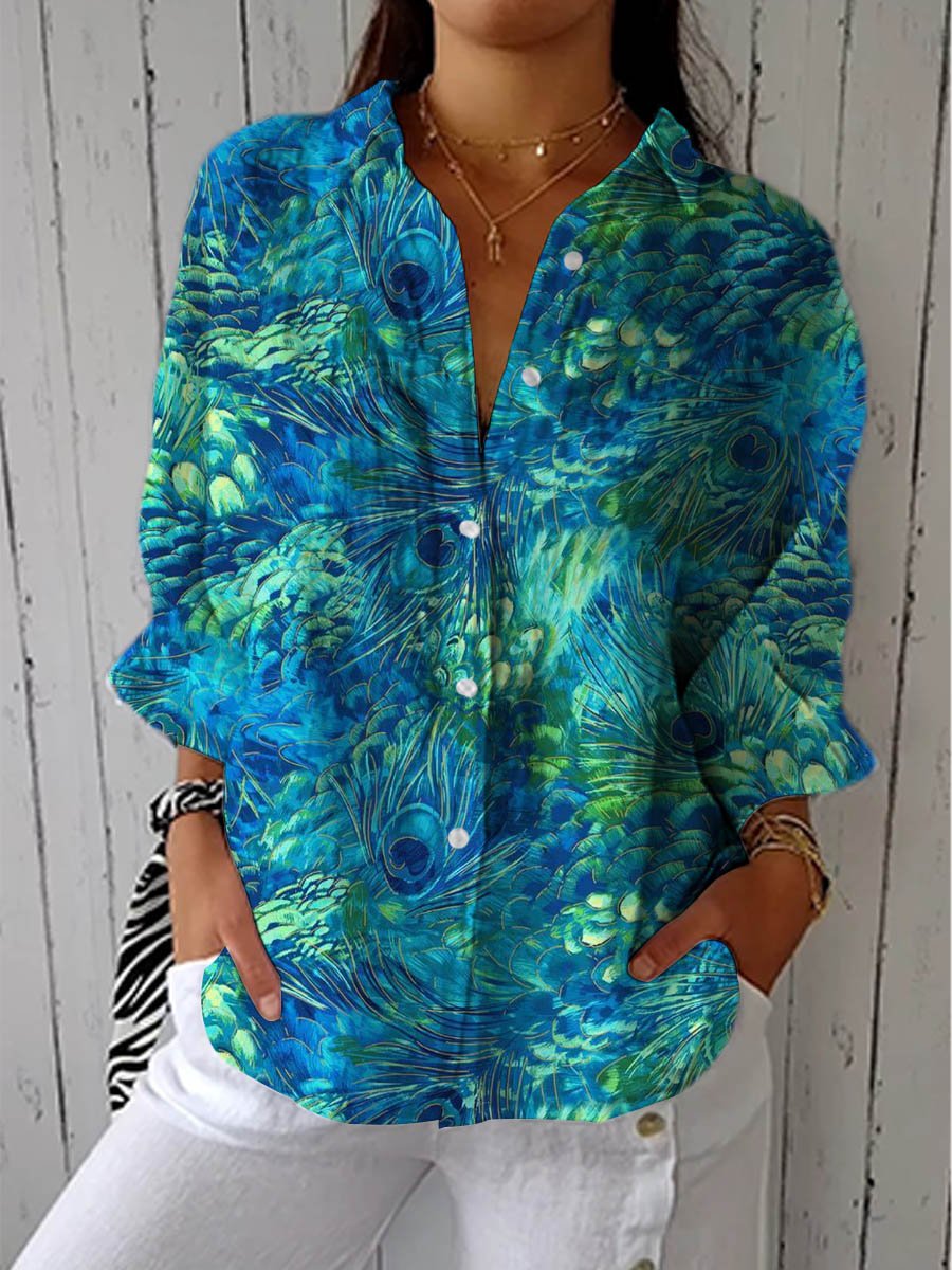 Emilia Women's Blouse with Peacock Feather Pattern and Long Sleeves 0