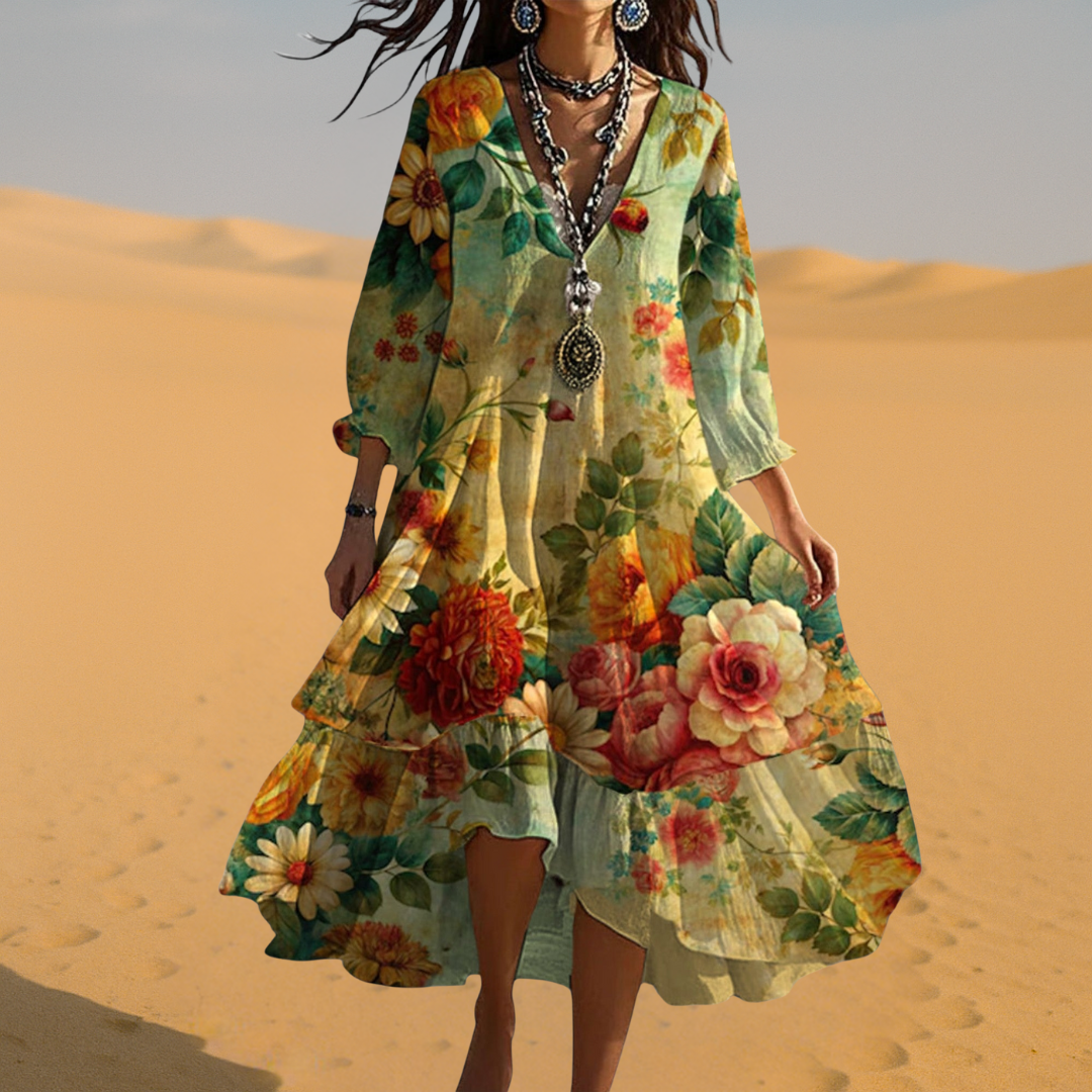 Eva Women’s Summer Dress with Vintage Boho Floral V-neck Design 2