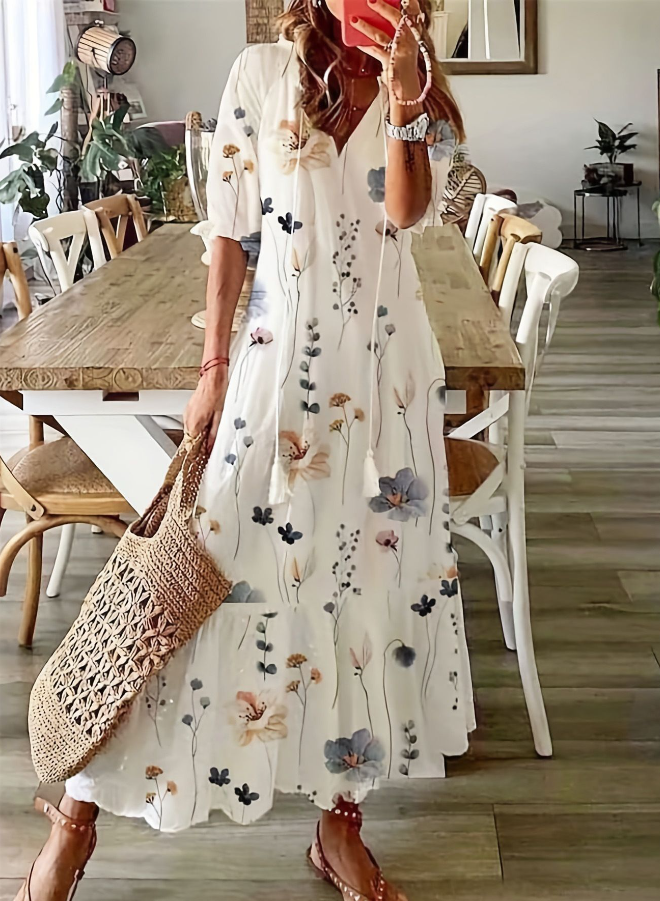 Flora Women’s Dress with Floral Pattern, Pockets, and 3/4 Sleeves 0