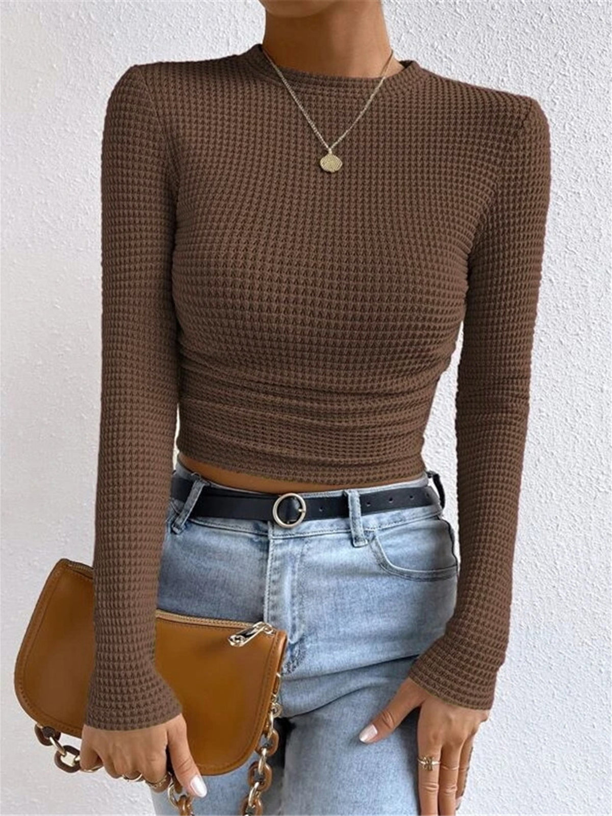 Jana Women’s Long Sleeve Crop Top with Waffle Knit Texture and Body-Hugging Fit 10