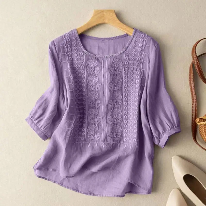 Jasmine Women’s Blouse with Embroidered Crew Neck and Loose Fit Design 4