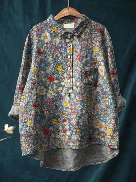 Leonie Women’s Floral Blouse with Button Placket and Pocket 11
