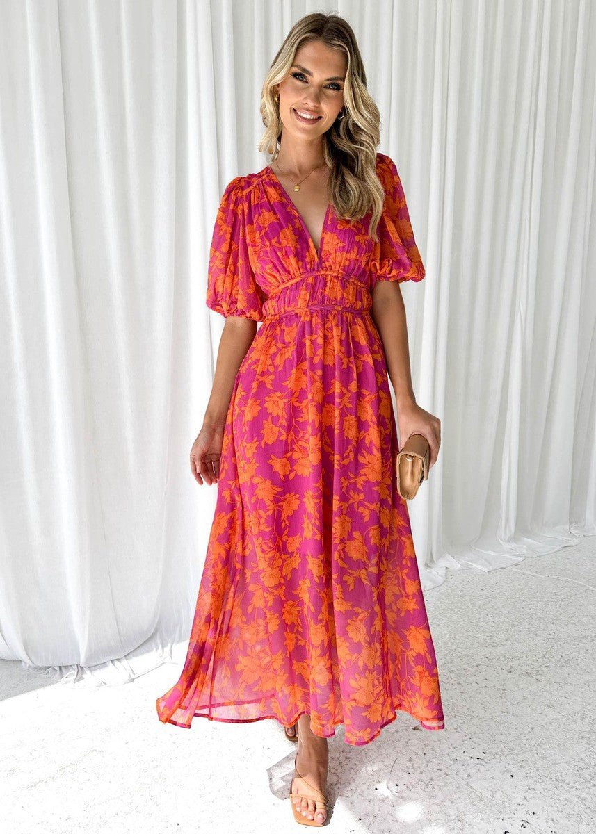 Luxe Women’s Midi Dress with Puff Sleeves and V-Neck Floral Print 3