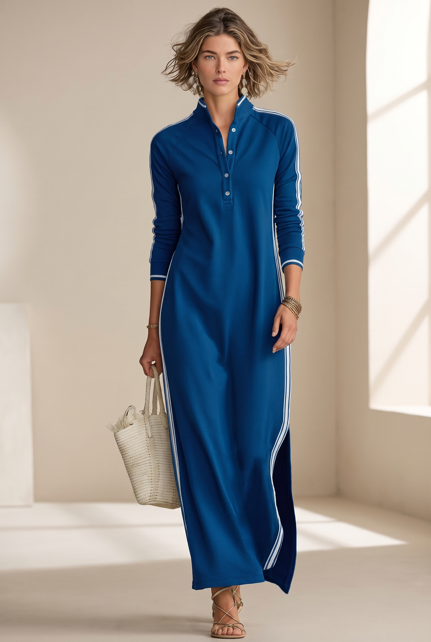 Mira Women’s Maxi Dress with Button-Down Collar and White Trim 9