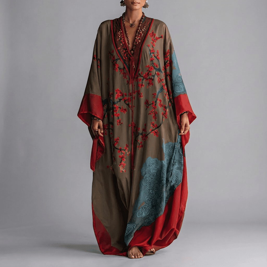 Vera Women’s Maxi Dress with Batwing Sleeves and Plum Blossom Print 4