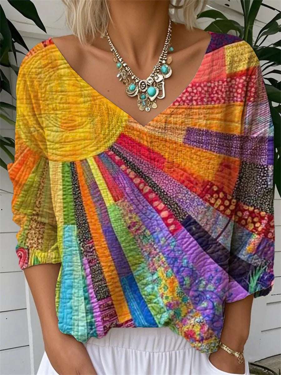 Willa Women’s Blouse with Colorful Patchwork Design and Long Sleeves 0