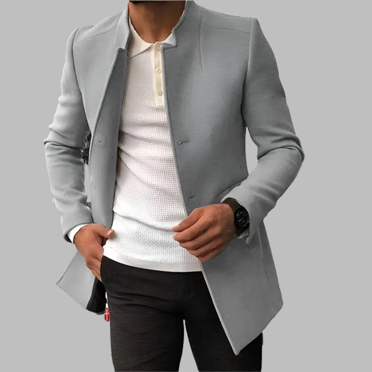 Aero Men's Slim-Fit Wool Coat | Collarless Open-Front Design 2