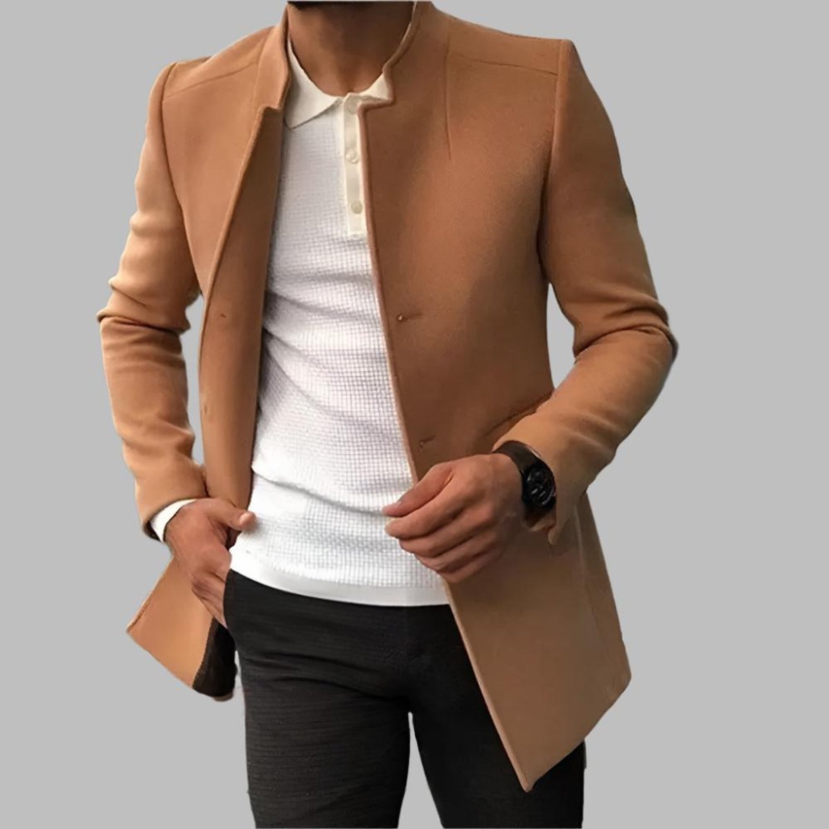 Aero Men's Slim-Fit Wool Coat | Collarless Open-Front Design 3
