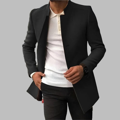 Aero Men's Slim-Fit Wool Coat | Collarless Open-Front Design 4