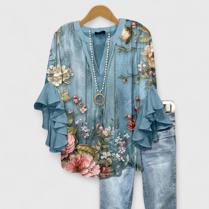 Althea Women’s Blouse with Floral Print and Ruffle Sleeves 0