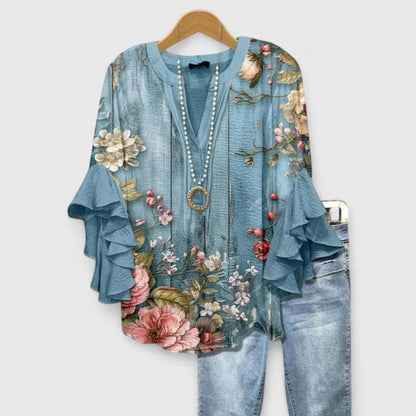 Althea Women’s Blouse with Floral Print and Ruffle Sleeves 0