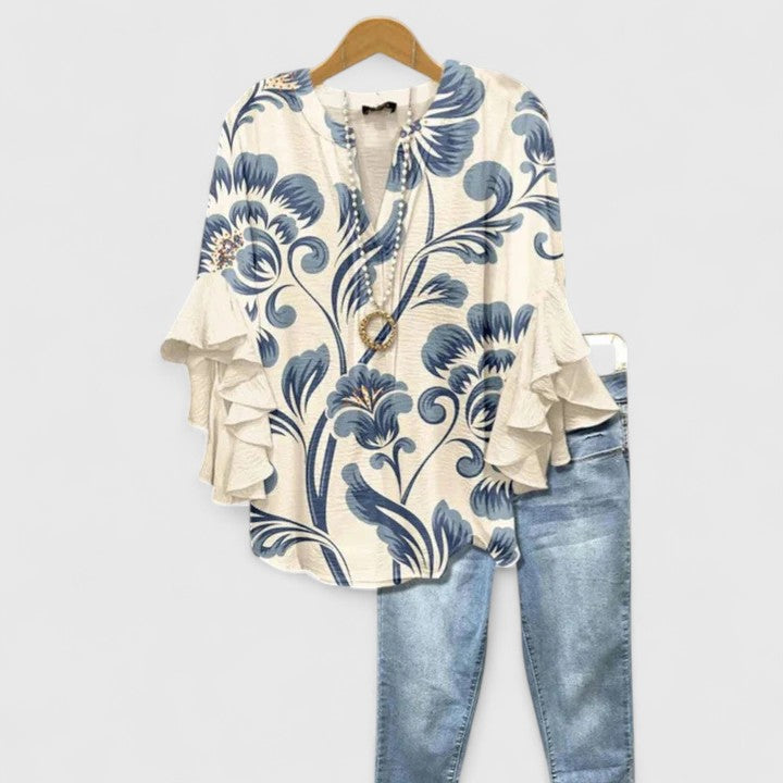 Althea Women’s Blouse with Floral Print and Ruffle Sleeves 1