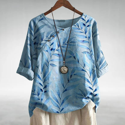 Amara Women’s Blouse with Leaf Print and Button Front Design 0