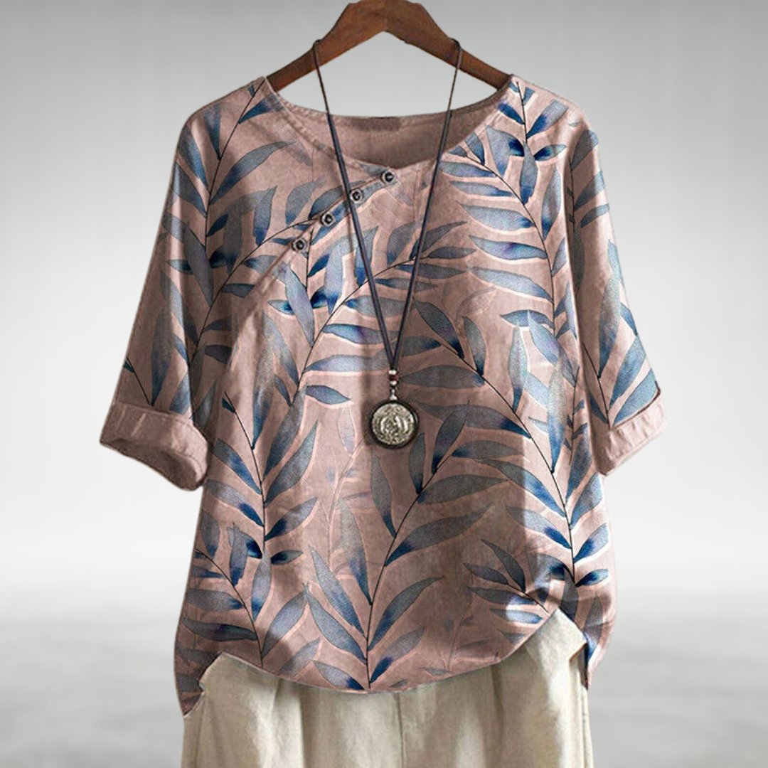 Amara Women’s Blouse with Leaf Print and Button Front Design 2