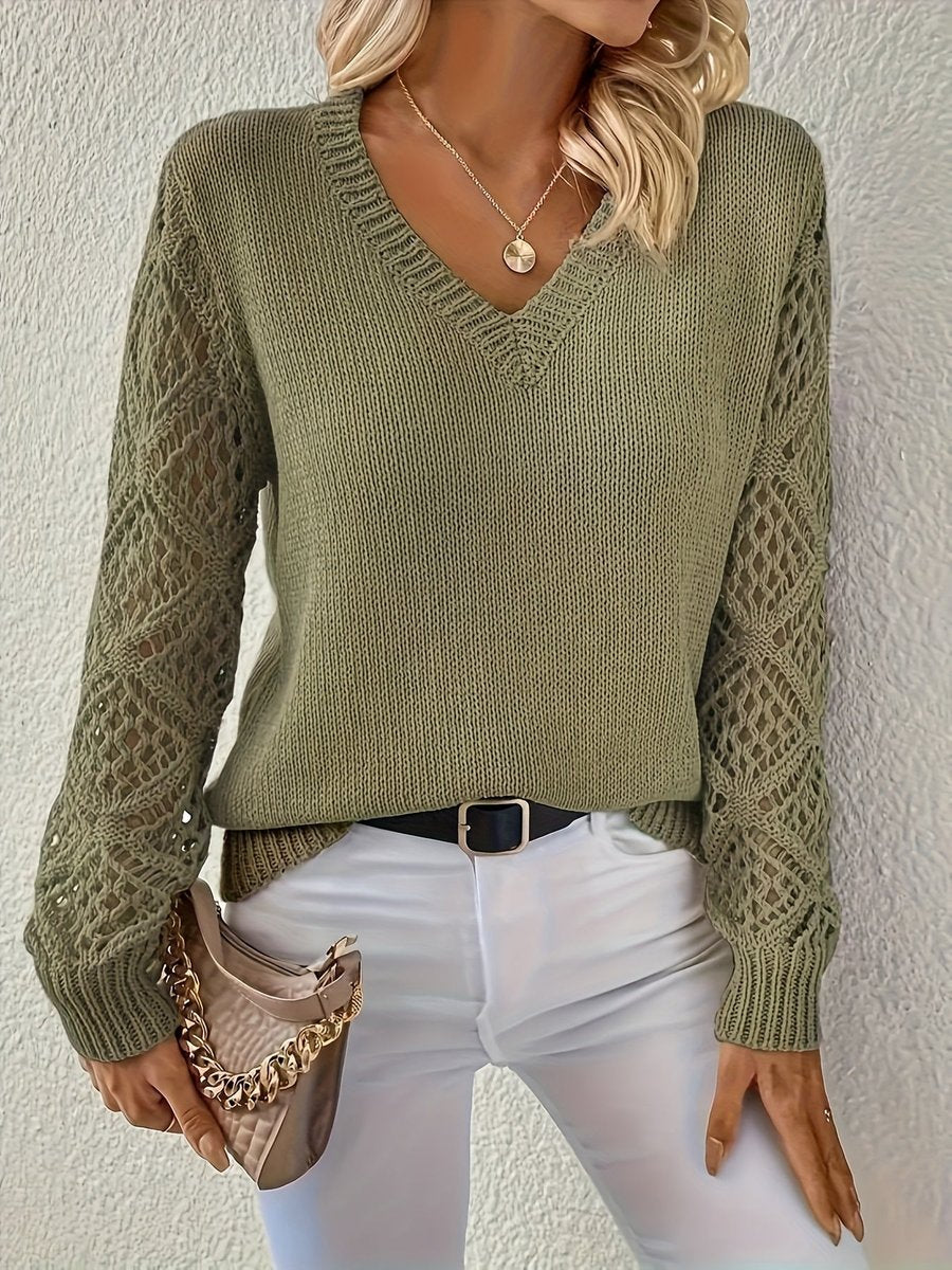 Amelia Women's V-Neck Pullover Sweater | Hollow-Sleeve Knit 0