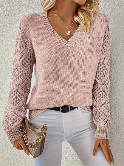 Amelia Women's V-Neck Pullover Sweater | Hollow-Sleeve Knit 6