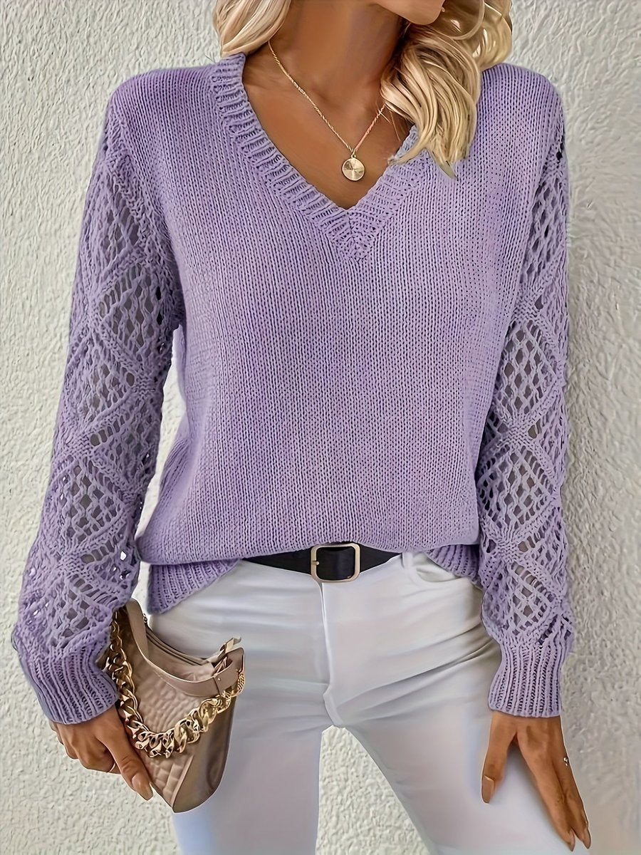 Amelia Women's V-Neck Pullover Sweater | Hollow-Sleeve Knit 8