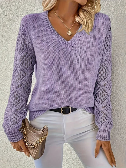 Amelia Women's V-Neck Pullover Sweater | Hollow-Sleeve Knit 8