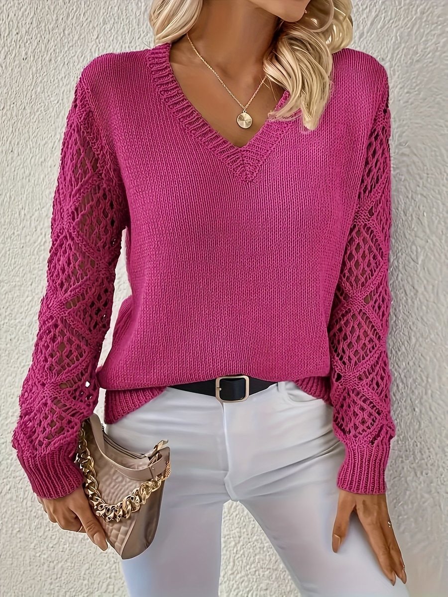 Amelia Women's V-Neck Pullover Sweater | Hollow-Sleeve Knit 9