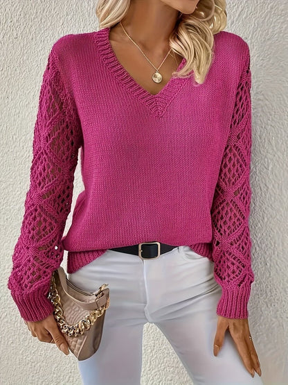 Amelia Women's V-Neck Pullover Sweater | Hollow-Sleeve Knit 9
