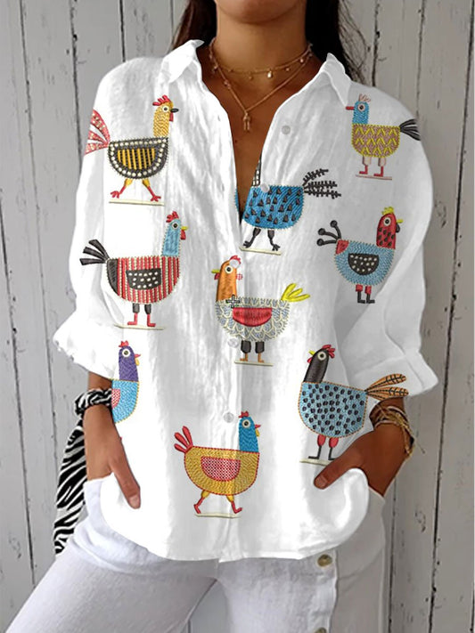 Amelie Women’s Blouse with Colorful Chicken Print and Long Sleeves 0