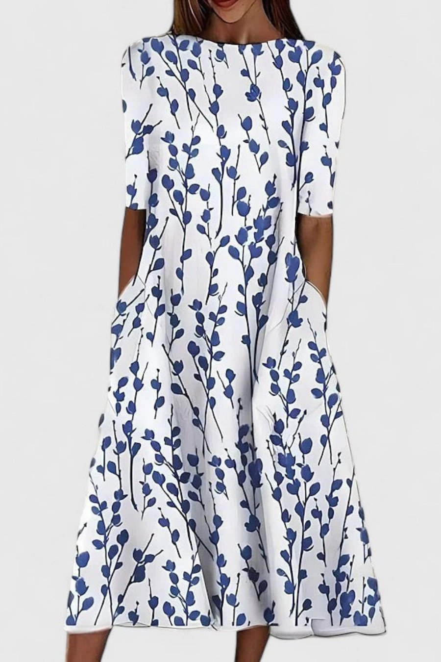 Amelie Women’s Midi Dress with Floral Pattern and Round Neck Design 0