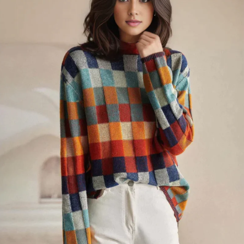 Andrea Women’s Sweater with Color Block and Check Pattern 0