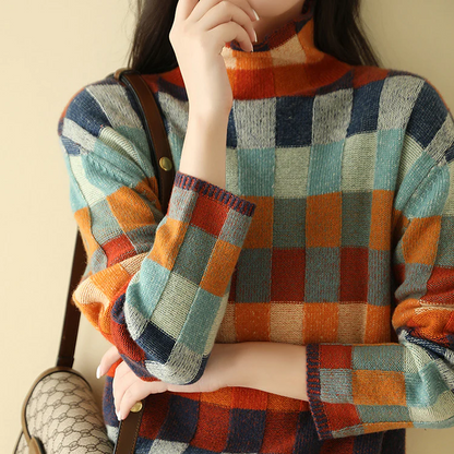 Andrea Women’s Sweater with Color Block and Check Pattern 1
