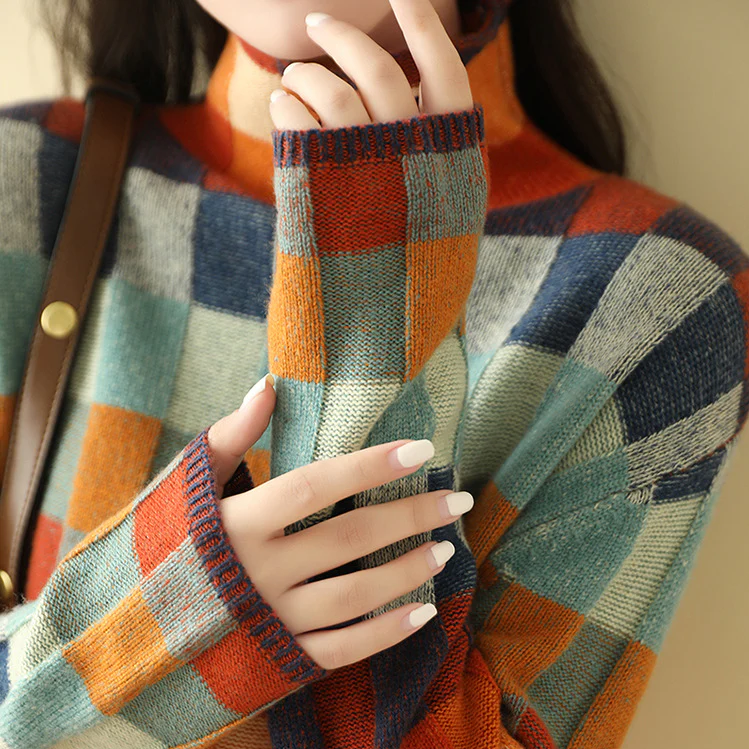 Andrea Women’s Sweater with Color Block and Check Pattern 2