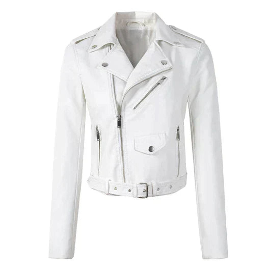 Aria Women's Jacket | Cropped Faux Leather Moto with Belt 0
