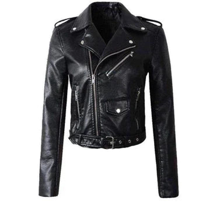 Aria Women's Jacket | Cropped Faux Leather Moto with Belt 2