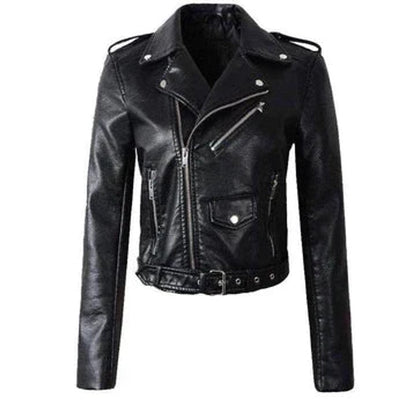 Aria Women's Jacket | Cropped Faux Leather Moto with Belt 2