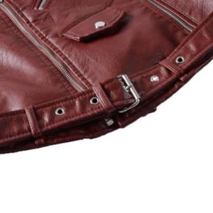Aria Women's Jacket | Cropped Faux Leather Moto with Belt 8