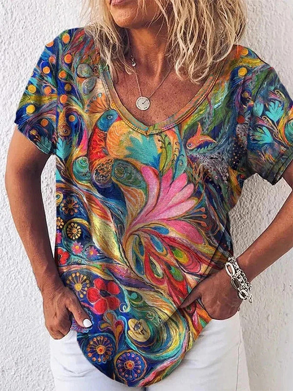 Aura Women’s Top with Colorful Abstract Art Print and Short Sleeves 0