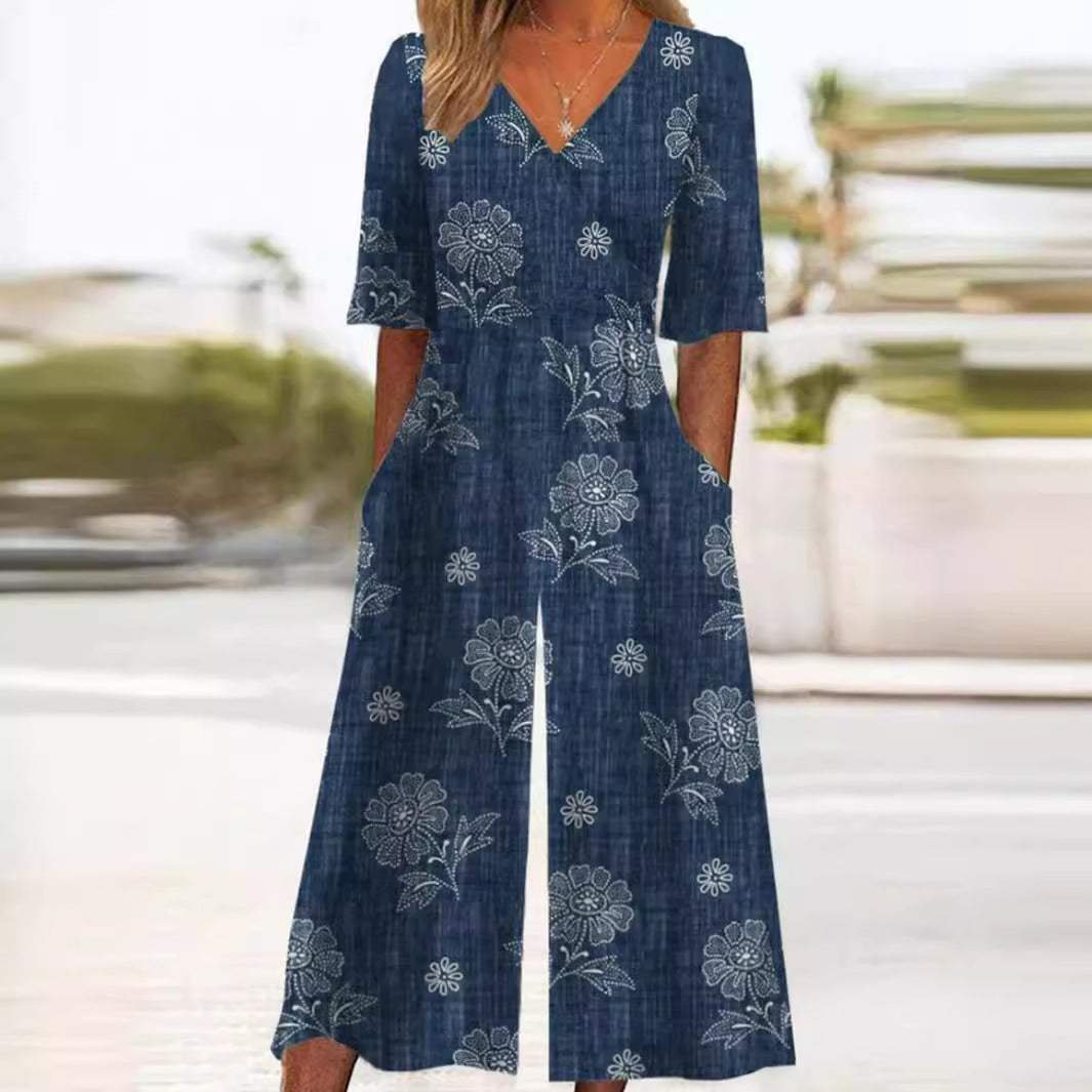 Ava Women’s Jumpsuit with Boho Floral Pattern and V-Neck Half Sleeves 0