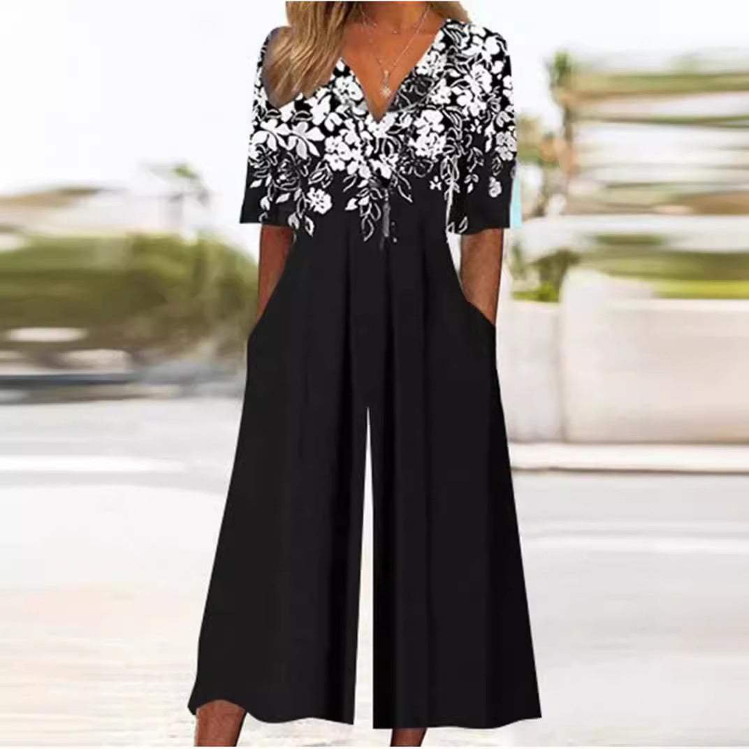 Ava Women’s Jumpsuit with Boho Floral Pattern and V-Neck Half Sleeves 4