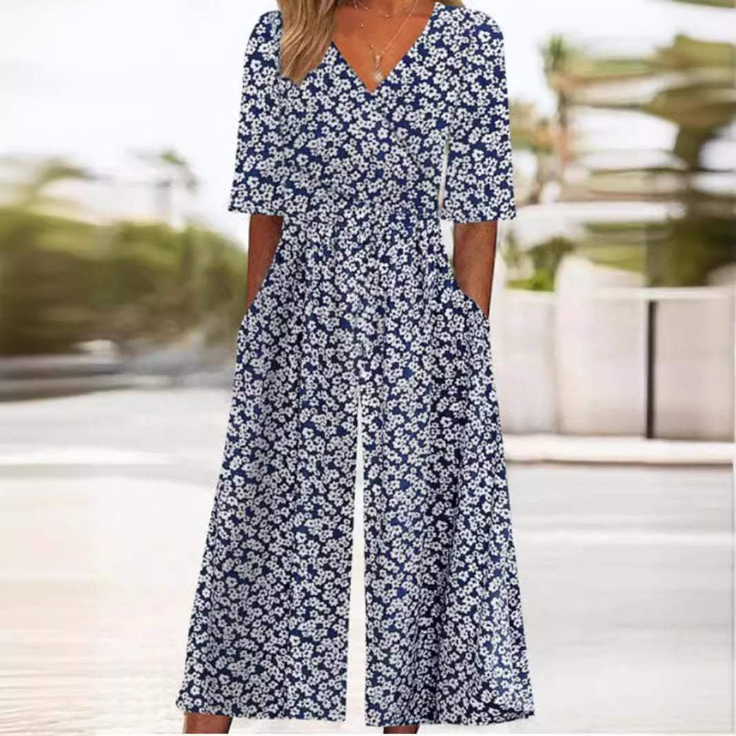 Ava Women’s Jumpsuit with Boho Floral Pattern and V-Neck Half Sleeves 5