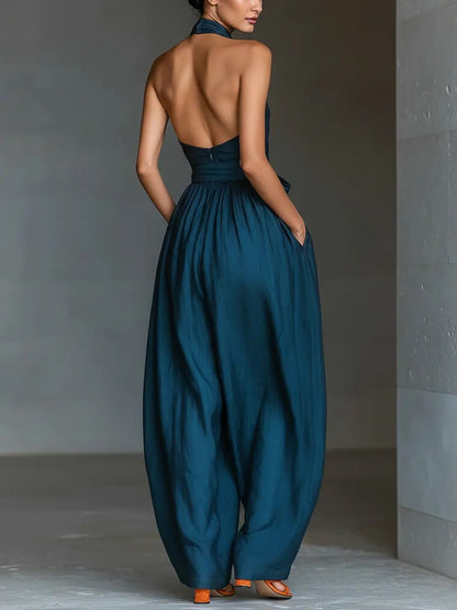 Ava Women’s Jumpsuit with Cross Halter Neck and Adjustable Waist Belt 4