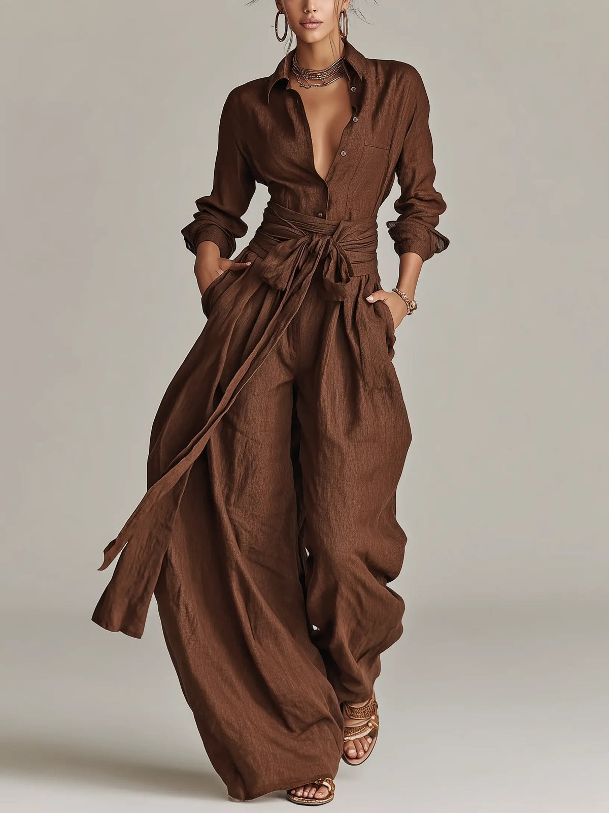 Ava Women’s Jumpsuit with Long Sleeves, Shirt Collar, and Matching Belt 0