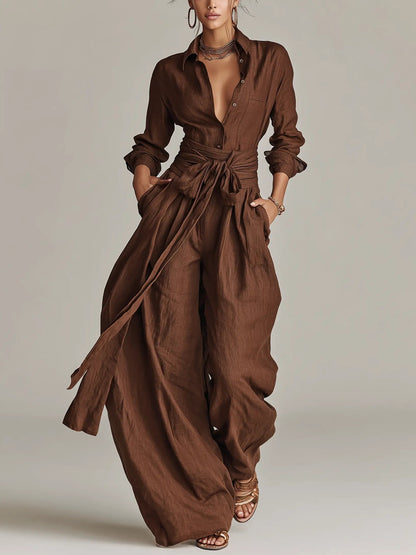 Ava Women’s Jumpsuit with Long Sleeves, Shirt Collar, and Matching Belt 0