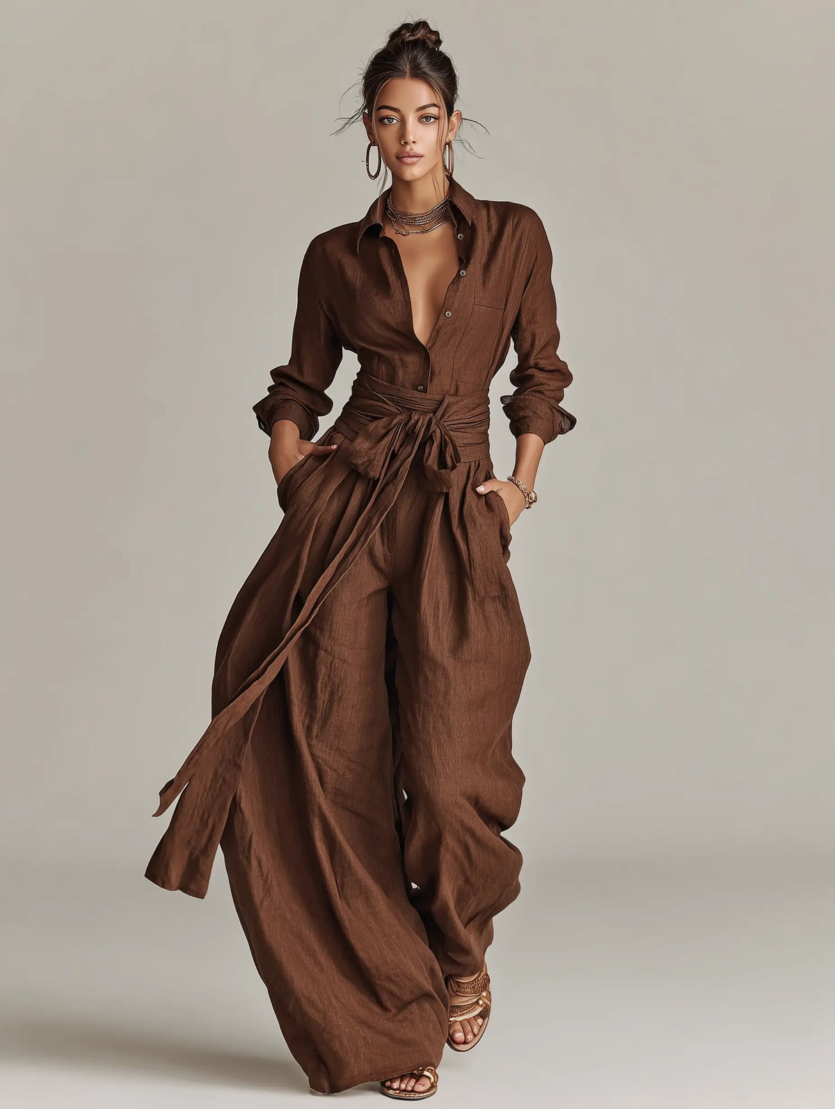 Ava Women’s Jumpsuit with Long Sleeves, Shirt Collar, and Matching Belt 2