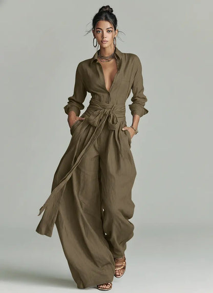 Ava Women’s Jumpsuit with Long Sleeves, Shirt Collar, and Matching Belt 3