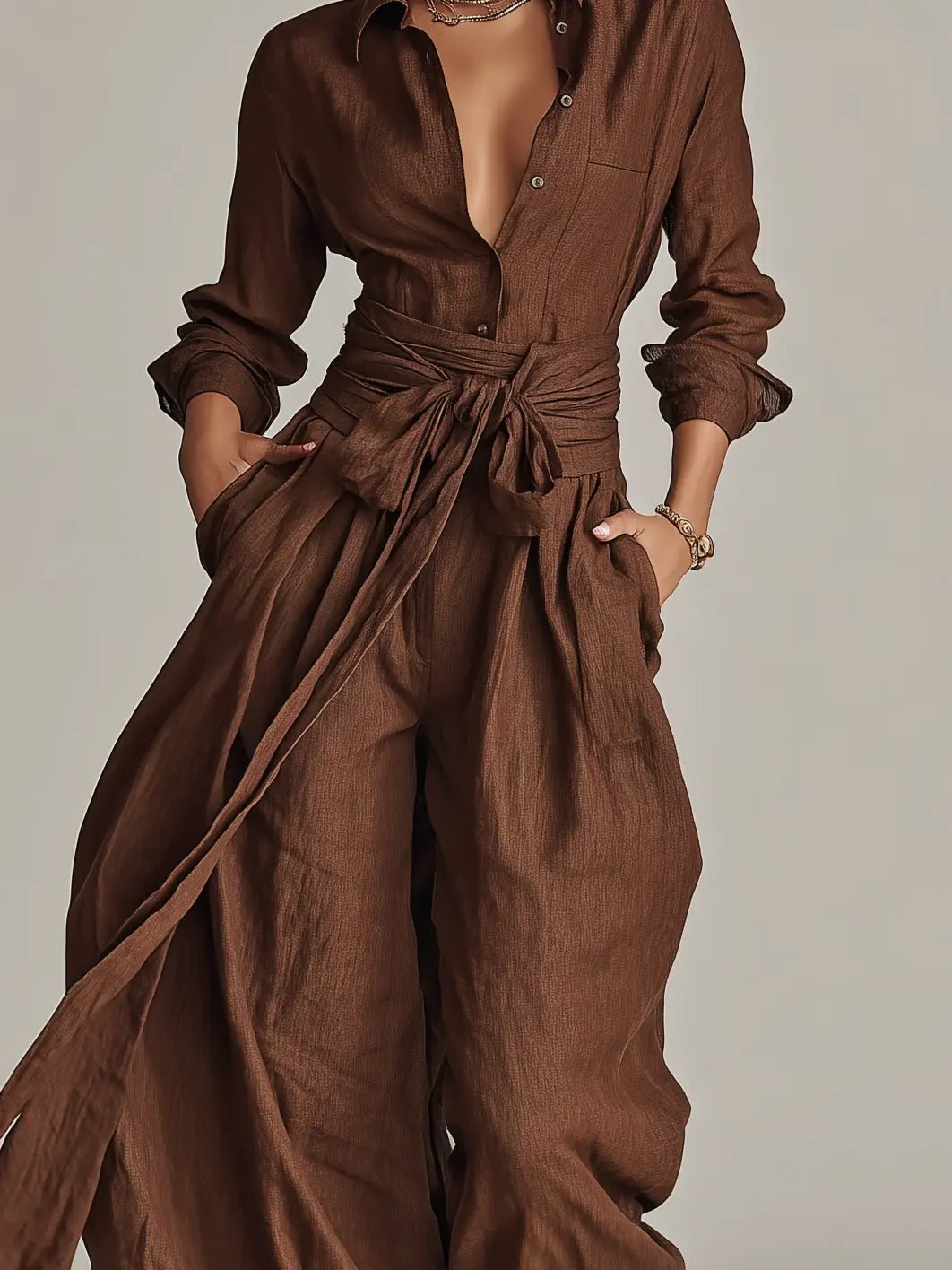 Ava Women’s Jumpsuit with Long Sleeves, Shirt Collar, and Matching Belt 6