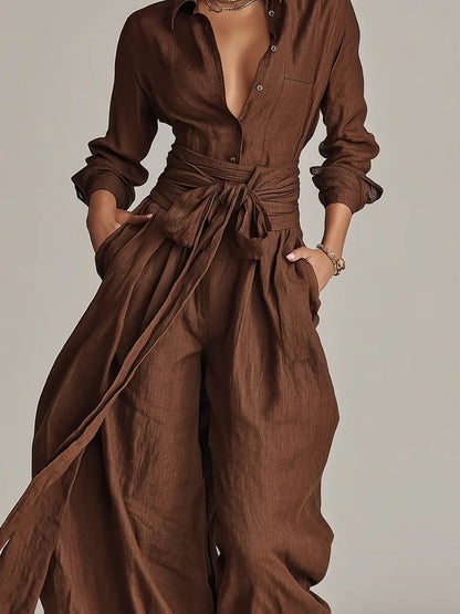Ava Women’s Jumpsuit with Long Sleeves, Shirt Collar, and Matching Belt 6