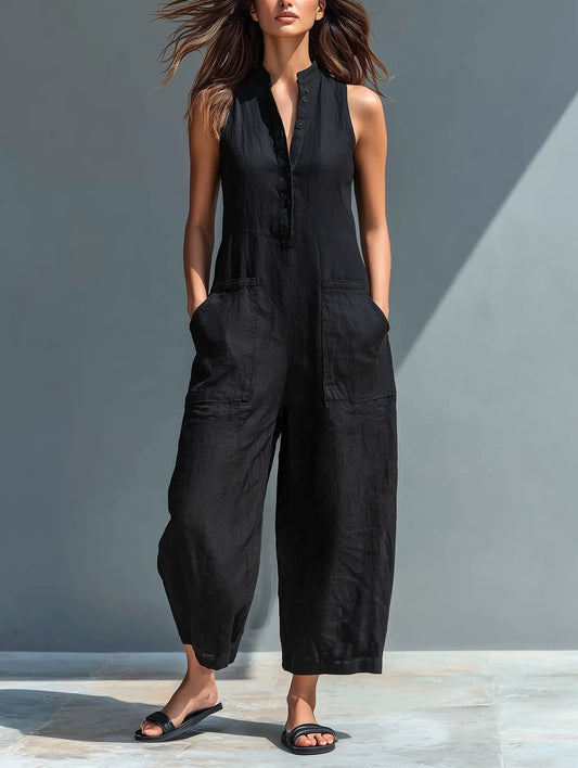 Ava Women’s Jumpsuit with Stand-Up Collar and Button-Up Front 0